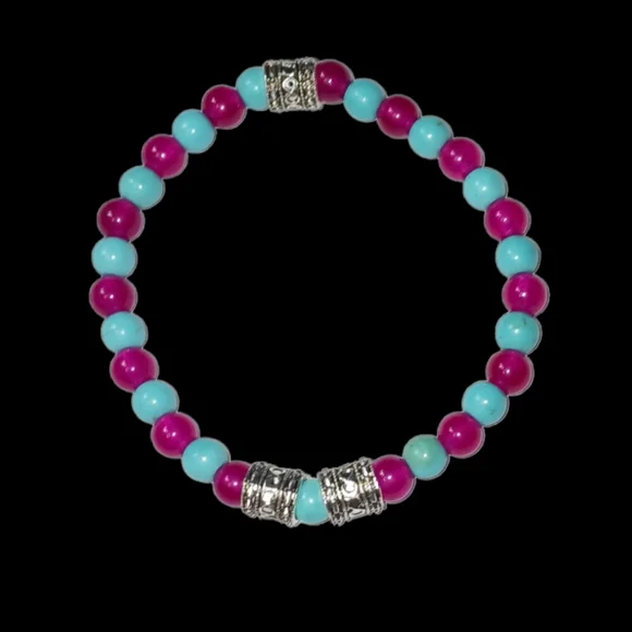 Turquoise & Magenta Jade Crystal Beaded Stretch Bracelet Y2K Slip On Style - Picture 2 of 12
